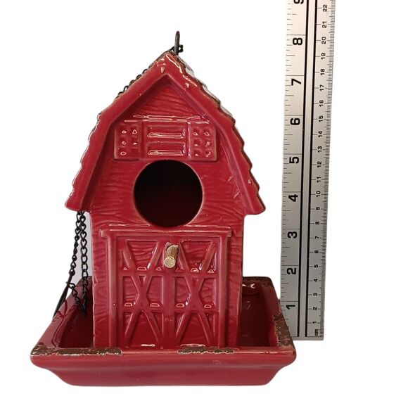 Ceramic Red Barn Bird Feeder With Hanging Chain & Perch Stick 8 "x 6" x 6" - Picture 12 of 14